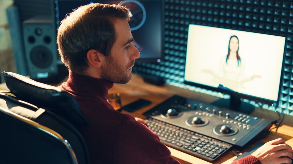 uomo effettua montaggio video